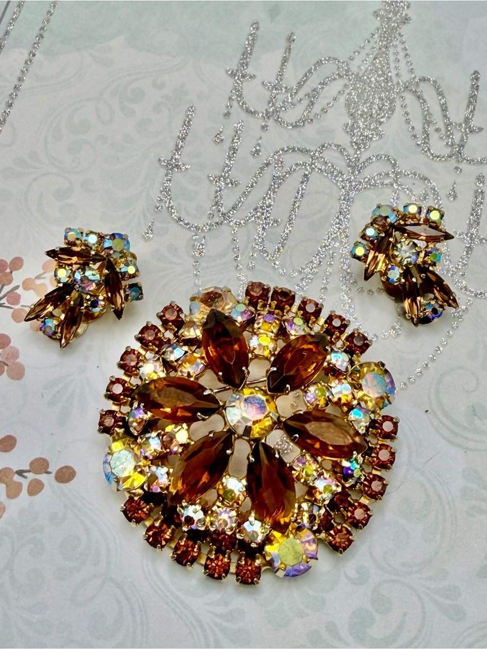 Vintage Amber Rhinestone  Brooch and Earring Set